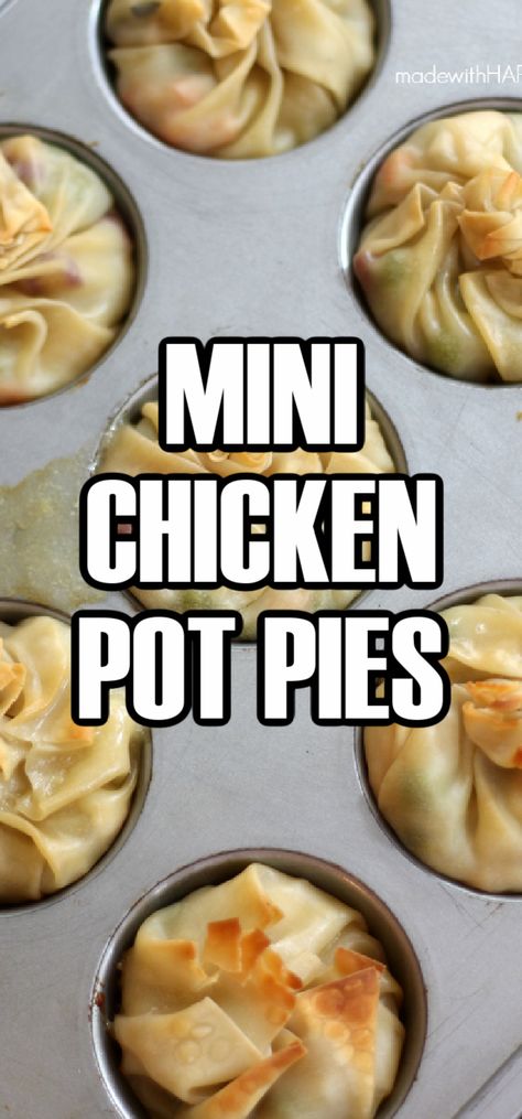 Recipes Using Wonton Wrappers Dinners, Recipes Using Wonton Wrappers, Mini Chicken Pot Pie Recipe, Chicken Pot Pie Cupcakes, Wrapper Recipes, Philo Dough, Wonton Wrapper Recipes, Fall Appetizers Easy, Mini Pot Pies