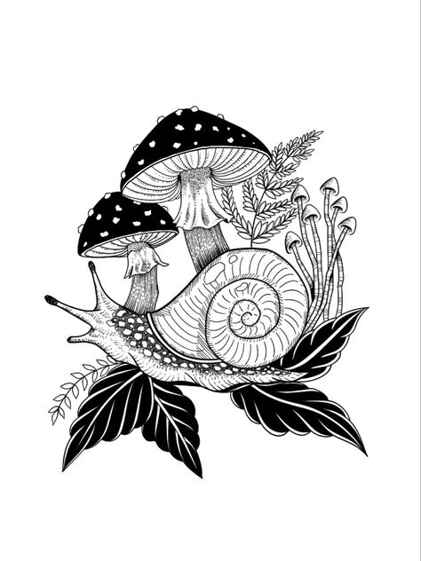 Art Inspiration Mushroom, Snail Mushroom Drawing, Mushroom Snail Art, Mushroom And Snail Drawing, Mushroom And Fern Drawing, Snail Ink Drawing, Snail With Mushroom Tattoo, Snake And Mushroom Tattoo, Spooky Mushroom Tattoo