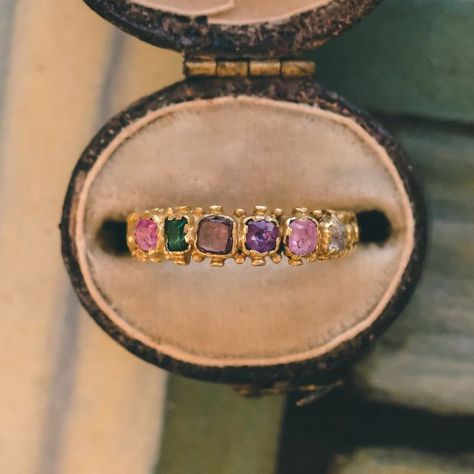 LOST OWL on Instagram: "A Georgian ring with a secret message. Known as acrostics, these remarkable rings employ a clever trick to conceal hidden meaning, usually in the form of a romantic sentiment. This one, taking the first letter of each gemstone present, states: REGARD. Ruby, Emerald, Garnet, Amethyst, Ruby, Diamond. Utterly charming. It's crafted in 15ct gold and dates from the Regency period, circa 1810. Shop the Etsy link in my bio or DM for direct pricing ✌ #showmeyourrings #acrosticje Regard Ring, Acrostic Ring, Antique Engraved Gemstone Promise Ring, Acrostic Jewelry, Heirloom Engraved Ruby Ring As A Gift, Secret Message Ring, Victorian Engraved Ruby Ring As Gift, Vintage Engraved Gemstone Ring For Collectors, Antique Garnet Rings As Gift