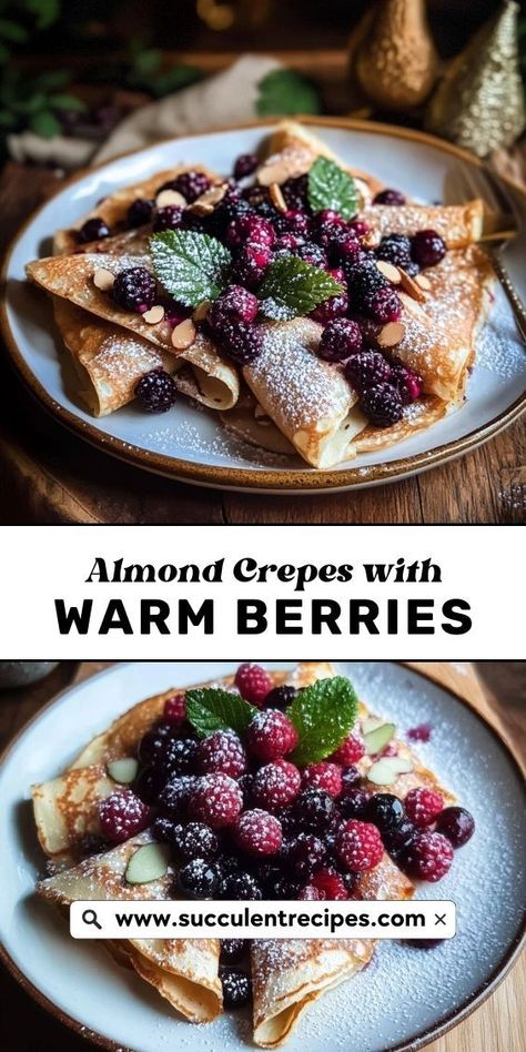 Indulge in these light and fluffy almond crepes, topped with a sweet berry compote, for a delightful breakfast or a refined dessert! Desserts With Berries, Crepe Brunch, Almond Crepes, Christmas Crepes, Flour Desserts, Fruit Crepes, Berry Crepes, Almond Flour Desserts, Crepes Filling