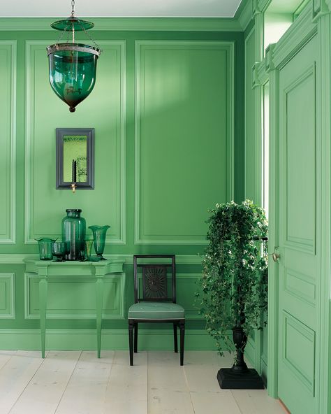 If you're not quite ready to do anything too crazy to your wall in the interest of changing things up, opt for a traditional, monochromatic paint job, but using a bright, unexpected color that will instantly refresh your space. #paintcolors #marthastewart #paintideas #paintcolorideas #bestpaintcolors #homeinspiration Colours Aesthetic, Monochromatic Room, Trending Paint Colors, Green Walls, Green Room, Painting Trim, Green Interiors, Green Rooms, Green Decor