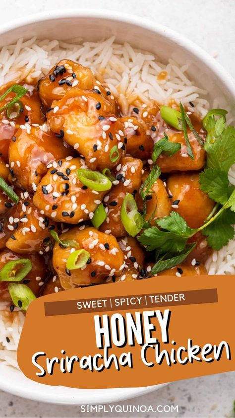 If sweet and spicy is your weakness, this honey sriracha chicken recipe is destined to be a new favorite! Tender, juicy chicken is pan-fried with a crispy coating, then cooked with a sticky, spicy, and sweet sauce. There's only one word to describe this honey sriracha chicken recipe: irresistible. Honey Sriracha Chicken Bowl, Sriracha Chicken Recipes, Honey Siracha Chicken, Honey Siracha, Honey Sriracha Chicken, Grilled Chicken Tenders, Sriracha Chicken, Creamy Chicken Soup, Chicken Pasta Bake