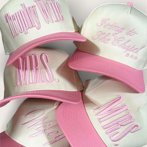 Miss to Mrs. Collection 💍🤍 Bachelorette Trucker Hats, Cute Trucker Hat, Bachelorette Hats, Puff Embroidery, Tan Hat, Proud Wife, Side Design, Hat Embroidery, Happily Ever After