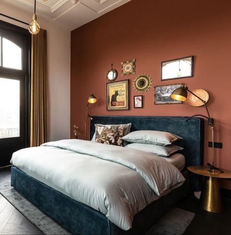 Rust Feature Wall Bedroom, Deep Orange Bedroom, Terracotta And Blue Bedroom Ideas, Terracotta Teal Bedroom, Orange Victorian Bedroom, Dark Orange Bedroom Walls, Dark Blue And Orange Bedroom, Light Blue And Terracotta Bedroom, Blue Terracotta Bedroom