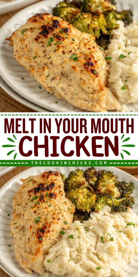 This Melt in your Mouth Chicken recipe comes together using only 6 simple ingredients. Boneless chicken breasts covered in a creamy Parmesan sauce and baked until perfectly juicy and tender! A quick and easy dinner option that is perfect for busy weeknights or lazy weekends! Quicken Chicken Recipes, Main Dishes For Dinner Chicken, Cheap Chicken Recipes Budget, Popular Meals Dinners, Easy Chicken Recipes In Oven, Baked Chicken Meal Ideas, Weeknight Chicken Dinner Easy, Easy Quick Chicken Breast Dinner, Two Chicken Breast Recipes