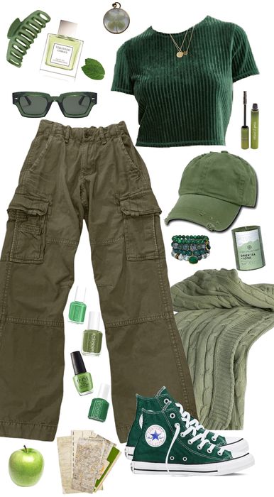 Tomboy Green Outfits, Casual Outfits Layout, Nature Themed Clothes, Green Outfit Tomboy, Cute Dark Green Outfits, Dark Green Pants Outfit Aesthetic, Green Tomboy Outfits, Earth Themed Outfits, Earth Day Outfit Ideas