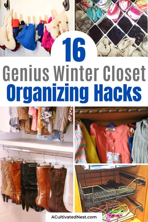 16 Genius Winter Closet Organization Hacks- Ready to conquer the winter closet chaos? Dive into our top picks for winter closet organization hacks! Discover smart and practical tips to declutter, arrange, and optimize your winter wardrobe. Simplify your daily routine and make getting ready a breeze this winter! | #OrganizedLiving #WinterFashion #organization #closetOrganizing #ACultivatedNest Winter Hats And Gloves Storage, Organize Hats And Mittens, Winter Hat And Mitten Storage, Organizing Winter Hats And Gloves, How To Organize Winter Hats And Gloves, Winter Coat Organization, Winter Clothes Organization Storage, Entryway Winter Organization, Pajamas Organization