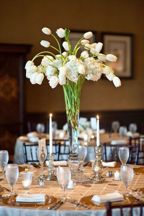 Preppy - Chic Florida Wedding From Agnes Lopez Photography  Read more - http://www.stylemepretty.com/florida-weddings/2010/04/22/preppy-chic-florida-wedding-from-agnes-lopez-photography/ Tulip Centerpiece, Tall Glass Vases, Tulip Wedding, Tall Wedding Centerpieces, Reception Centerpieces, Tall Centerpieces, White Wedding Flowers, White Tulips, Wedding Decor Elegant