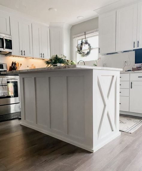 21 Farmhouse Kitchen Ideas That Prove Rustic Is The New Modern Kitchen Island Upgrade, Island Upgrade, Island Makeover, Kitchen Island Makeover, Modern Farmhouse Diy, Cabinets Painted, Board And Batten Wall, Builder Grade, Kitchen Island Ideas