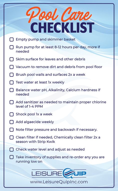 Swimming pool weekly maintenance checklist is your easy-to-follow guide to pool care. Whether you are new to pool ownership, or have been doing this for years, this checklist will help make sure you don't miss a step. #leisurequip #poolcare #poolcarechecklist #poolmaintenance Pool Cleaning Business, Pool Chemicals For Beginners, Pool Care For Beginners, Saltwater Pool Care, Pool Cleaning Hacks, Pool Maintenance Schedule, Inground Pool Maintenance, Pool Maintenance Checklist, Pool Must Haves