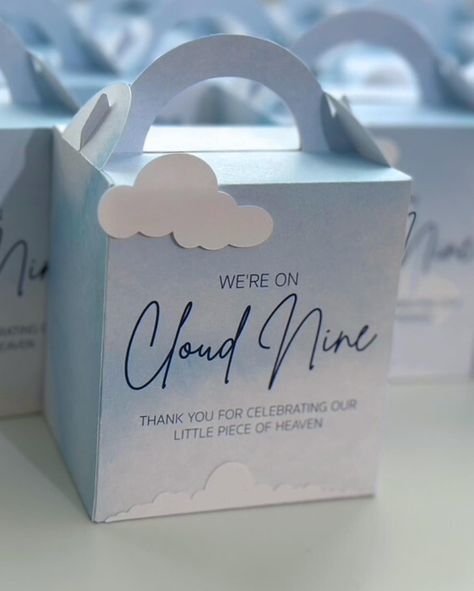 On Cloud Nine favor boxes. Great for a baby shower. #oncloudnine #babyshowerpartyfavors #babyshowers Gender Reveal Cloud, Cloud 9 Baby Shower Theme, Chips Bags, On Cloud Nine, Baby Shower Inspiration, Baby Shower Party Favors, Cloud Nine, Baby Shower Gender Reveal, Baby Shower Theme