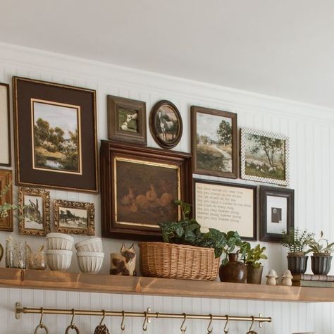 Rustic Cottage Core Aesthetic, Cottage Dining Room Wall Decor, Cottage Floating Shelves, Shelves Above Dining Table, Kitchen Shelf Wall, Still Room, Farmhouse Photo Wall, Wall Art In Kitchen, Shelf In Dining Room