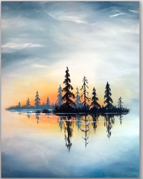 Forest reflecting on lake at sunset Drawing Sunset, Afrique Art, Canvas For Beginners, Canvas Painting Ideas, Acrylic Painting For Beginners, 수채화 그림, Watercolor Landscape Paintings, Landscape Drawings, Beginner Painting