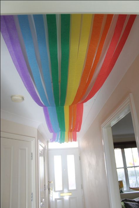 Rainbow Birthday Party Ideas Decorations, Rainbow Birthday Ideas Decoration, Hallway Birthday Decoration, Rainbow Paper Decorations, Rainbow Ceiling Decorations Classroom, Rainbow Streamers Ceiling, Rainbow Party Streamers, Rainbow Class Theme, Rainbow School Theme