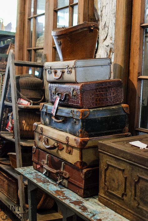 Round Top Antiques, Storage Room Organization, Antique Aesthetic, Old Suitcases, Vintage Trunks, Vintage Suitcases, Unique Storage, Vintage Luggage, Wooden Crates