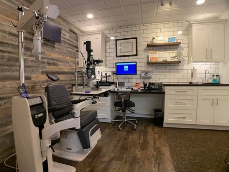 Optometry Exam Room, Optometry Office Decor, Optometry Office, Medical Office Decor, Industrial Office Design, Optical Design, Office Remodel, Vision Quest, Optical Shop