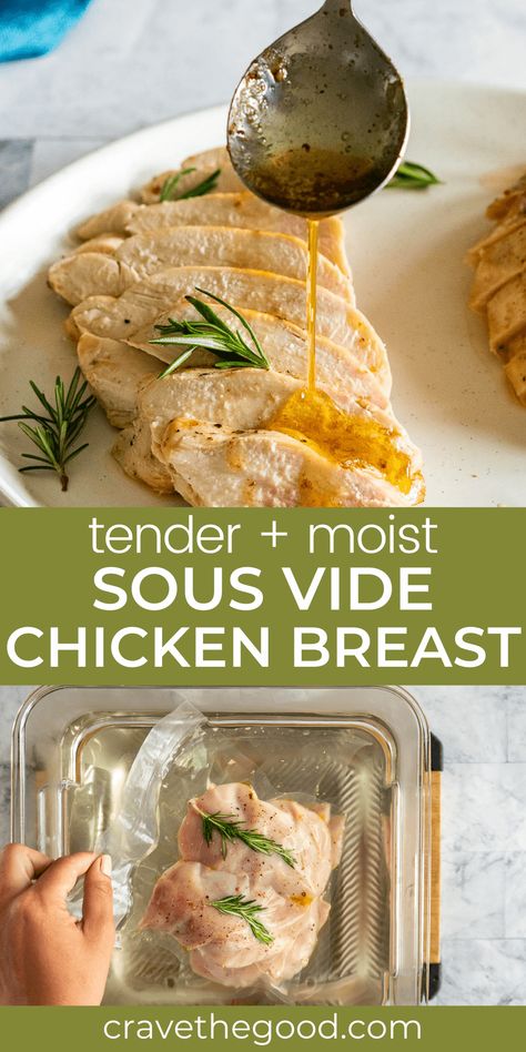 Sous vide chicken breast is perfect if you're looking for a foolproof way to get juicy, tender chicken breasts. This recipe uses either skinless boneless or skin on bone in chicken breast and can be cooked fresh or from frozen! Learn how to, what temperature and the cooking time required for sous vide chicken breast. Not only is this recipe super easy, it's perfect for meal planning and meal prep ! | cravethegood.com Sous Vide Recipes Chicken, Sous Vide Chicken Breast, Upstate Ramblings, Sous Vide Chicken, Chicken Breast Recipe, Sous Vide Recipes, Perfect Chicken, Tender Chicken Breast, Sous Vide Cooking