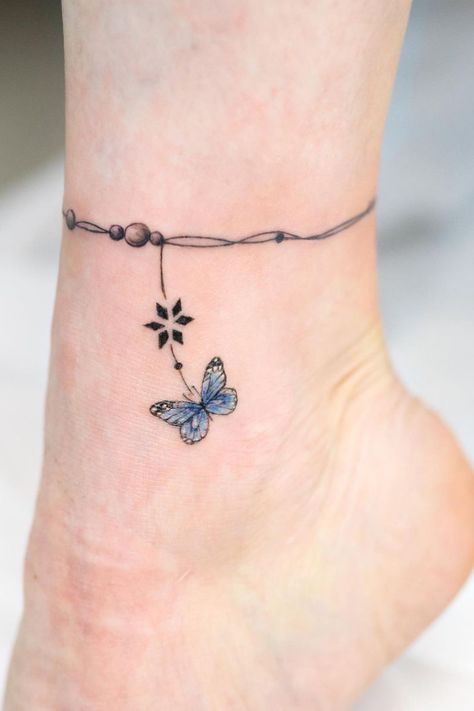 Mini Tattoo Girl, Butterfly Tattoo Bracelet, Butterfly Tattoo On Ankle, Bracelet Tattoos For Women Wrist Charm, Dragonfly Anklet Tattoo, Silver Dainty Butterfly Bracelets, Butterfly Anklet Tattoos For Women, Anklet Tattoos For Women, Butterfly Wrist Tattoo