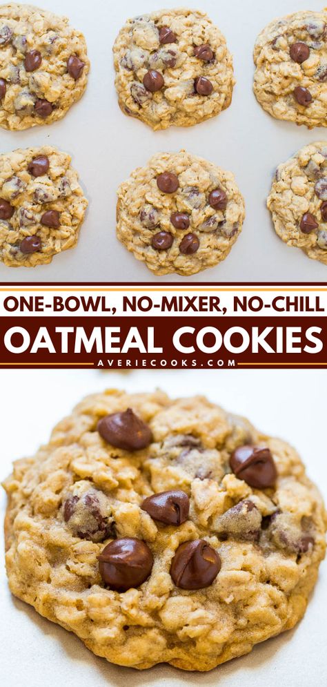 EASY Oatmeal Cookies (No-Chill, One-Bowl, No-Mixer!) - Averie Cooks Easy Oatmeal Chocolate Chip Cookies, Easy Oatmeal Cookies, Oatmeal Chocolate Chip Cookie Recipe, Oatmeal Cookies Easy, Quick Cookies, Averie Cooks, Easy Oatmeal, Oatmeal Cookie Recipes, Chip Cookie Recipe