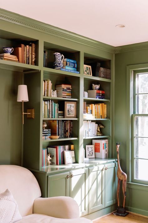 Green Bedroom With Bookshelf, Green Shelves Bookcases, Light Green Bookshelf, Coloured Bookshelves, Shelves Accent Wall, Book Case Ideas Living Room, Green Home Library, Library Snug, Light Green Office