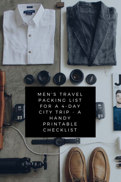 Men's travel packing list for a 4-day city trip - A handy printable checklist  Packing up for a trip is always a bit difficult. What pieces of clothing do you take with you? And how much of each? Usually, you’re even in a rush when packing because we all seem to do it pretty last minute.  So, especially for other men like me, that have to think about packing for a 4-day city trip a little guide to help you. 4 Day Business Trip Packing List, Weekend Travel Packing, Elegant Outfit Casual, Business Trip Packing List, Weekend Trip Packing, Weekend Packing List, Business Trip Packing, Packing List Men, Weekend Packing