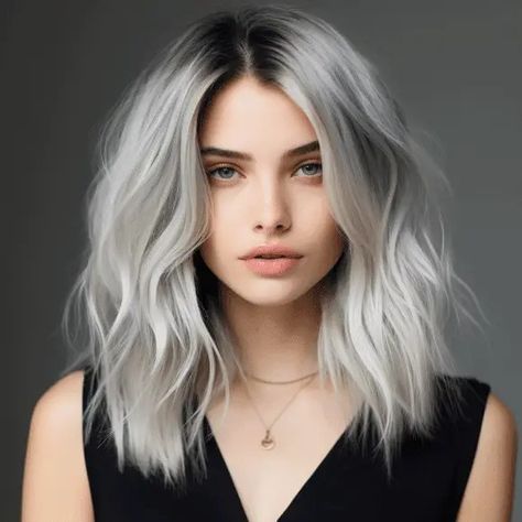 Frosted Silver Hair, Silver Grey Hair With Shadow Root, White Hair With Root Smudge, Silver Hair Brown Roots, Gray Hair Shadow Root, Silver With Dark Roots, White Hair With Roots, Grey Hair With Shadow Root, Silver Blonde Hair Dark Roots