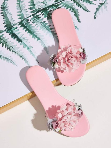 Shein Floral Applique Flat Sliders Fancy Slippers, Fancy Flats, Mode Shoes, Shoes Heels Classy, Fashion Slippers, Fancy Shoes, Shoes Flats Sandals, Girly Shoes, Elegant Shoes