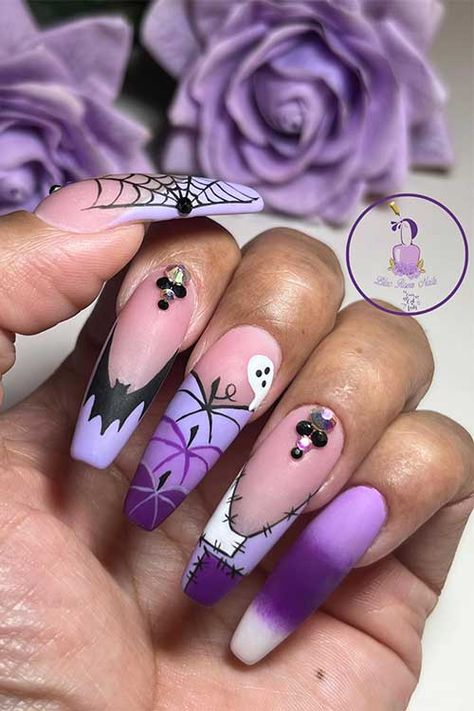 Purple And Silver Halloween Nails, Cute Purple Halloween Nails, Purple Bat Nails, Halloween Nail Purple, Black White And Purple Nails, Pink And Purple Halloween Nails, Matte Purple Nail Designs, Purple Black Halloween Nails, Halloween Nails Girly