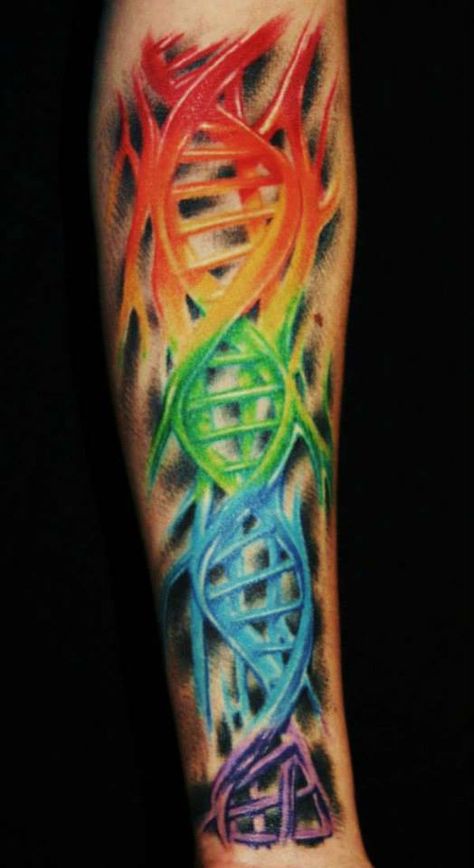 Rainbow DNA Tattoo Dna Strand Tattoo, Strand Tattoo, Helix Tattoo, Gay Pride Tattoos, Historical Tattoos, Lgbt Tattoo, Dna Strand, Dna Tattoo, Gay Tattoo