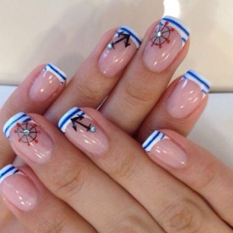 Cruise Ship Nails, Anchor Nail Designs, Ocean Nail Ideas, Nautical Nail Designs, Anchor Nail Art, Ocean Nail, Anchor Nails, Cruise Nails, Nautical Nails