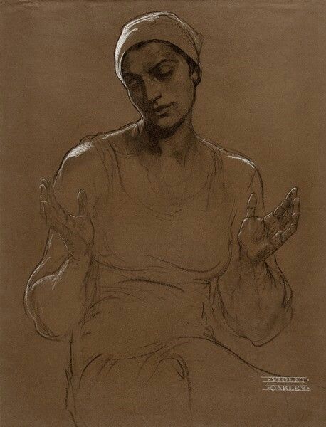 Violet Oakley, The Virgin Mary, 1903, charcoal and white chalk on tan paper Tone Tan Paper Drawing, Toned Paper Figure Drawing, Toned Tan Paper Art, Toned Tan Sketchbook, Toned Tan Paper Art Sketches, Figure Sketching, Portrait Sketches, Arte Sketchbook, Human Art