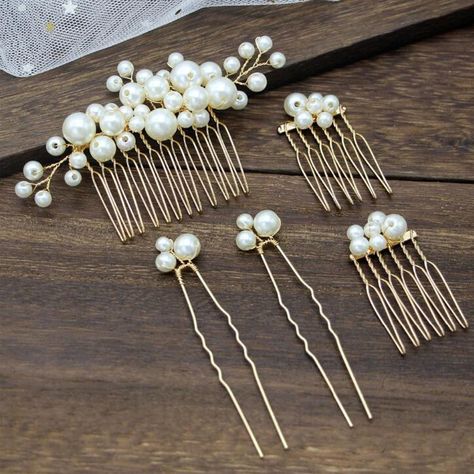 Pearl Headpiece Set, Gold Hair Comb, Silver Hair Comb, Rose Gold Hair Comb, Bridal Hair Piece, Wedding Headpiece Pearl Hair Combs and Pins Size: ♥ 1 Hair Comb: 3.5 inches ♥ 1 Half Hair Comb with tail:  1-3/4 inches ♥ 1 Half Hair Comb:  1 inch ♥ 1 Medium Pin: 6 pearls, 3 inches including the pin  ♥ 1 Small Pin: 3 pearls, 3 inches including the pin  Material: ♥ Faux Pearls (White) ♥ Zinc Alloy (Gold Tone, Silver Tone, or Rose Gold Tone) Type ♥ Pearl Pins, Pearl Hair Jewelry, Bridal Hair Accessorie Bridal Hairpins, Pearl Hair Pin, Gold Hair Accessories Wedding, Pearl Hair Pin Wedding, Pearl Hair Comb Wedding, Pearl Bridal Comb, Pearl Bridal Headpiece, Bridal Hair Pins Pearl, Bridesmaid Hair Pieces