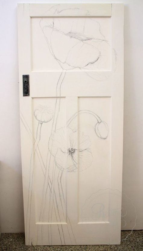 vintage door painted poppy makeover Door Sketch, Painted Bedroom Doors, Painted Poppy, Chalk Paint Makeover, Closet Door Makeover, Window Panes, Painted Door, Vintage Doors, Door Murals