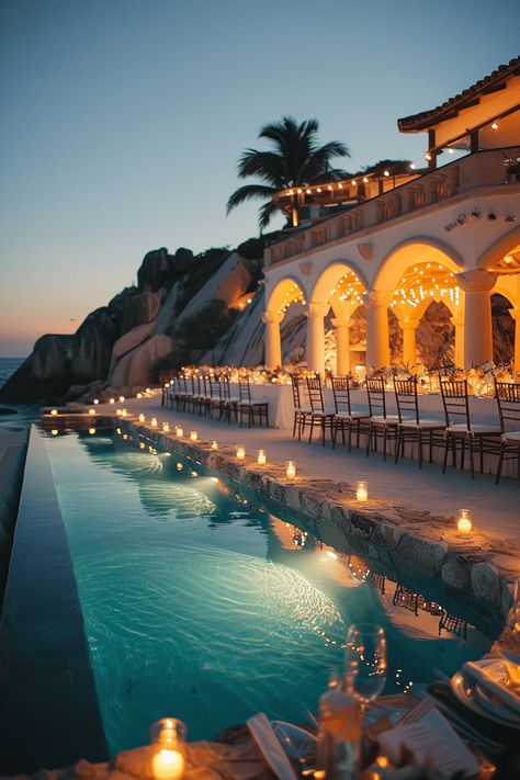 Lavish Mansion Wedding Reception Oceanfront Wedding Reception, Beach Villa Wedding, Wedding Reception Pool, Mansion Wedding Reception, Luxury Beach Wedding, Newport Restaurants, Beach Reception, Ocean View Wedding, Lavish Wedding