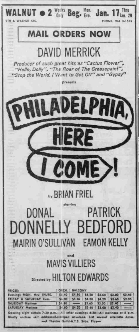 Display Ad for the 1966 Tryout Engagement of the Brian Friel tragicomedy "Philadelphia, Here I Come!" at the Walnut St. Theatre in Philadelphia. Philly Art, Philadelphia History, Vintage Philadelphia, Philadelphia Sports, Future Games, Pinterest Contest, Display Ads, Newspaper, Digital Illustration