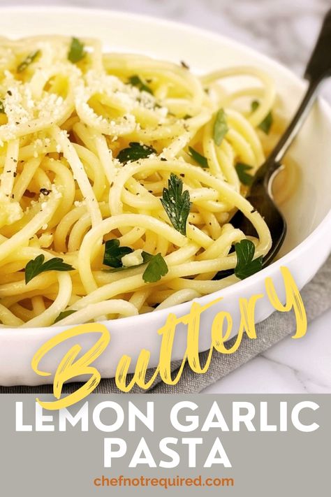 Lemon pasta in a white bowl with chopped parsley, grated parmesan cheese and a fork. Simple Butter Pasta, Lemon Garlic Pasta Sauce, Lemon Butter Garlic Pasta, Lemon Butter Pasta Sauce, Garlic Pasta Sauce Recipe, Lemon Pasta Sauce, Butter Pasta Sauce, Lemon Butter Sauce Pasta, Parmesan Pasta Sauce