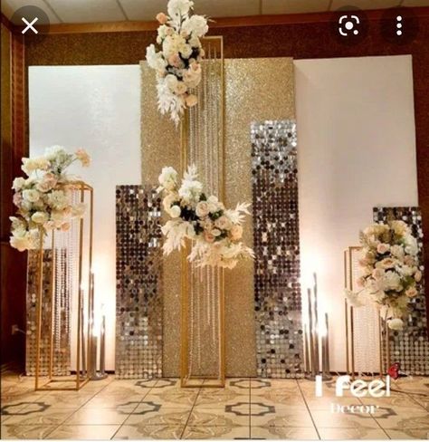 Prom Backdrops, Shimmer Wall Backdrop, White And Gold Decor, Reception Stage Decor, Brides Room, Sequin Wall, Shimmer Wall, Gold Party Decorations, Wedding Backdrop Design