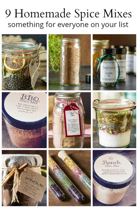 Enjoy nine different homemade mixes that you can put together as a thank you gift during the holidays or any time of year. #homemadegiftideas #christmasgifts #foodie Homemade Dry Mixes, Bbq Spice, Homemade Spice Mix, Homemade Mixes, Homemade Food Gifts, Spice Mix Recipes, Spice Gift, Diy Spices, Ornaments Homemade