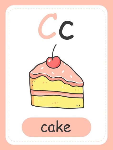 Alphabet card for children with the letter C and a piece of cake. Educational card for kids. The word cake, English alphabet. Vector illustration. Abc Flashcards Printable, Word Cake, C Alphabet, Capital C, Apple Template, Vector Alphabet, Boho Rainbow Classroom, Cake Lettering, The Letter C