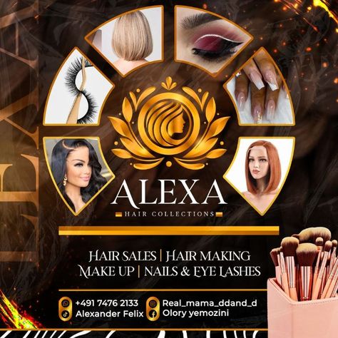 ALEXA HAIR COLLECTIONS is an online brand and vendor of hairs, make ups, eye lashes and nails. Salon Logo Design, Eyelash Logo, Graphic Design Flyer, Graphic Design Ads, Graphic Design Photoshop, Food Graphic Design, Hair Vendor, Poster Design Inspiration, Packaging Labels Design