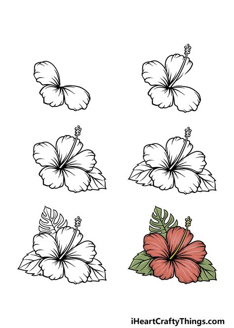 Hawaii Flowers Drawing, Hawaiian Flower Drawing, Flower Drawing Simple, Hibiscus Drawing, Hibiscus Flower Drawing, Hawaii Flowers, Flower Step By Step, Tree Drawings Pencil, Flower Drawing Tutorials