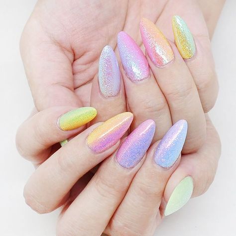 Pastel rainbow fairy dust nails 🌈 This week only, get 20% off Fairy Dust glitters & other Chameleon nail art decors at DailyCharme.com with code SHIFT 💖 . . Featured Products: Daily Charme Rubber Base Gel Charme Gel 701 Garden Party 💚 Charme Gel 801 Daydream 💙 Charme Gel 901 Enchanted 💜 Charme Gel 302 Pinkaholic 💖 Charme Gel 602 Baby Chicks 💛 Aurora Fairy Dust glitter dust size Dreamy Fairy Dust glitter dust size Diamond Shine No-Wipe Gel Topcoat . . Pastel Rainbow Glitter Nails, Pastel Rainbow Nail Art, Pastel Rainbow Nails, Pastel Glitter Nails, Chameleon Nails, Unicorn Nails, Vintage Nails, Cute Spring Nails, Glitter Dust