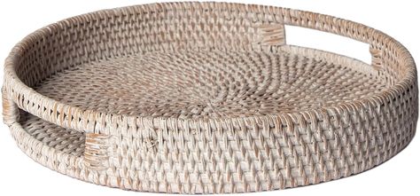 Amazon.com: Porto Boutique Round Rattan Serving Tray - Modern Woven Tray w/Handles for Dining Table, Livingroom, Patio Decor - Stylish Rattan Tray for Serving Fruits, Breakfast - Ideal for Coffee Table (Large) : Home & Kitchen Round Rattan Tray, Fruits Breakfast, Rattan Serving Tray, Coffee Table Vignettes, Woven Trays, Rattan Tray, Round Serving Tray, Wicker Tray, Ottoman Tray