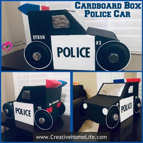 Cardboard Police Car Diy, Police Car Craft, Transportation Parade, Police Officer Crafts, Scarecrow Competition, Cardboard Boxes Kids, Car Costume, Cardboard Box Car, Cardboard Play