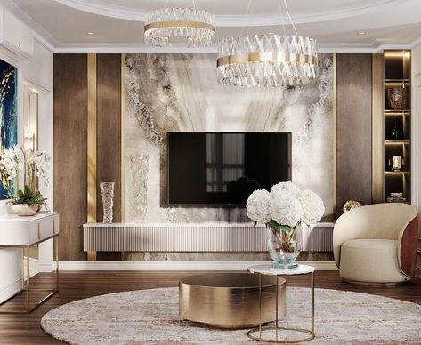 Neoclassic Living Room, Living Room Tv Wall Luxury, Neoclassical Interior Design, Deco Tv, Tv Fal, Living Room Tv Unit, Tv Room Design, Luxury Living Room Design, Tv Wall Design