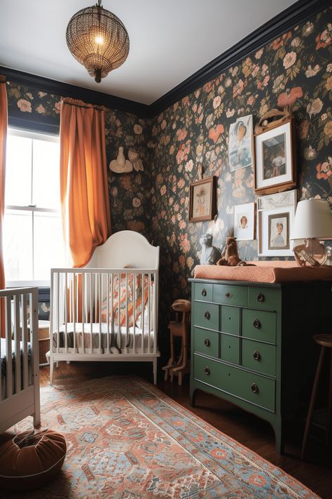 Moody Girls Nursery, Cozy Restroom, Moody Girl Nursery, Vintage Nursery Decor Ideas, Moody Nursery Ideas, Antique Nursery Ideas, Apt Organization, Gold Baby Nursery, Vintage Baby Rooms