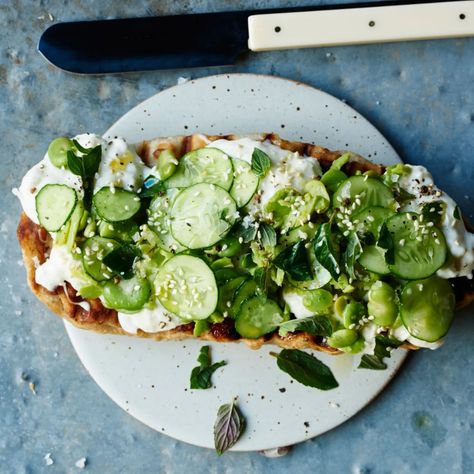 Flatbread with Fava Beans, Cucumbers, and Burrata Recipe | Bon Appétit Fava Beans Recipes, Burrata Recipe, Sea Salt Recipes, No Salt Recipes, Cucumber Recipes, Fava Beans, Sugar Snap Peas, Toasted Sesame Seeds, Bean Recipes