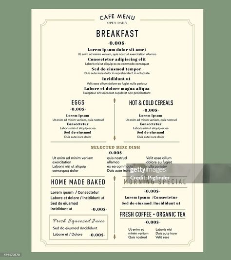 Menu Design Template Layout For Breakfast Restaurant Cafe Vintage Style High-Res Vector Graphic - Getty Images Cafe Menu Graphic Design, Menu Layout Design, Menu Graphic Design, Design Template Layout, Restaurant Board, Breakfast Menu Design, Menu Design Layout, Brand Collateral, Brunch Restaurant