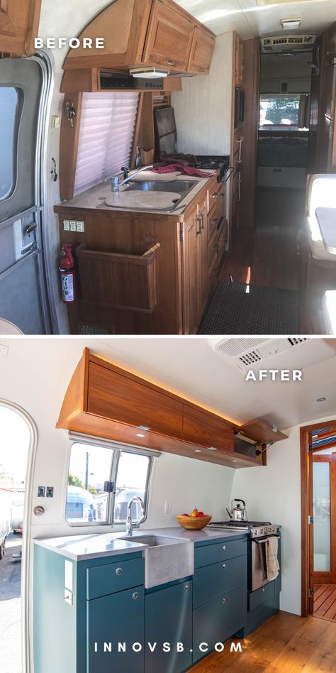 We completely stripped down this 1986 Airstream Motorhome 345 (aka MXB) to transform it into a luxurious festival basecamp with all the bells and whistles like a ceramic farm-style sink, Vigo kitchen faucet Kohler fixtures, Corian countertops and Miele cooktop. Miele Cooktop, Airstream Kitchen, Farm Style Sink, Airstream Motorhome, Rv Interiors, Dupont Corian, Walnut Hardwood Flooring, Sauna Shower, Walnut Table Top