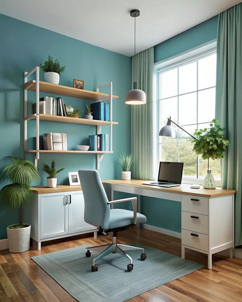 Modern home office Decor #homeoffice #interiordesign #interiordesignideas #modernhomes #workplace #softblue Bright Blue Office, Light Blue Office, Turquoise Office, Blue Office, Modern Home Office, Home Office Decor, Bright Blue, Modern Home, Office Decor